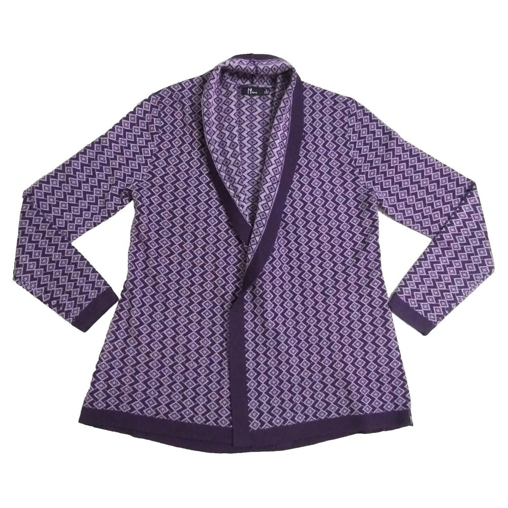 Neve Women's Small Wool Cardigan Open Front Snowflake Ski Sweater Purple Violet